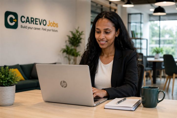 Professional using CAREVO Jobs on her laptop